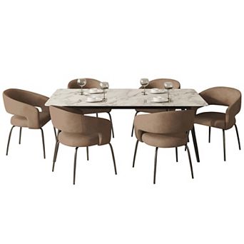 LeisureMod 7 pc Dining Set, Rectangular Sintered Stone Table, 6 Velvet Chairs with Iron Base