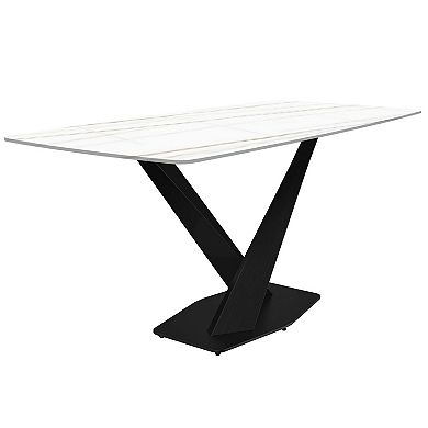 LeisureMod 7-Piece Dining Set, Rectangular Sintered Stone Dining Table, 6 Upholstered Dining Chairs
