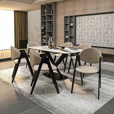 LeisureMod 7-Piece Dining Set, Rectangular Sintered Stone Dining Table, 6 Upholstered Dining Chairs