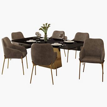 LeisureMod 7 pc Dining Set, Rectangular Glass Dining Table, 6 Upholstered Dining Arm Chairs