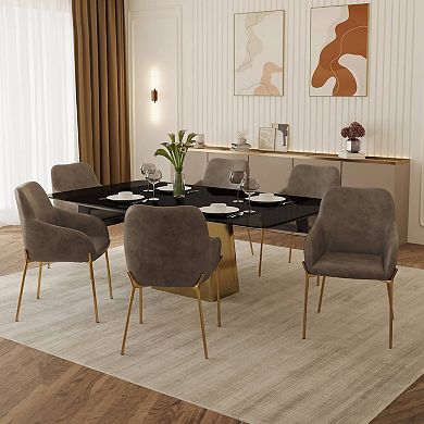 LeisureMod 7-Piece Dining Set, Rectangular Glass Dining Table, 6 Upholstered Dining Arm Chairs
