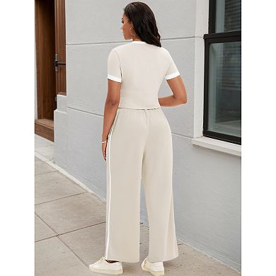 Women's 2 Piece Summer Short Sleeve Crew Neck Crop Tops Wide Leg Pants Sweatsuit Sets