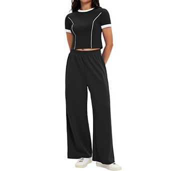 Women's 2 pc Summer Short Sleeve Crew Neck Crop Tops Wide Leg Pants Sweatsuit Sets