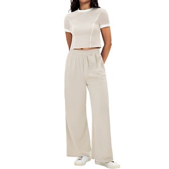 Women's 2 pc Summer Short Sleeve Crew Neck Crop Tops Wide Leg Pants Sweatsuit Sets