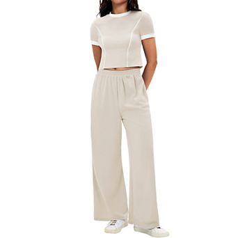 Women's 2 pc Summer Short Sleeve Crew Neck Crop Tops Wide Leg Pants Sweatsuit Sets
