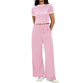 Women's 2 pc Summer Short Sleeve Crew Neck Crop Tops Wide Leg Pants Sweatsuit Sets