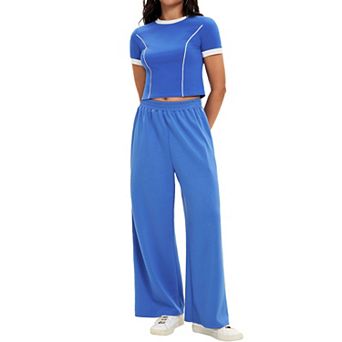 Women's 2 pc Summer Short Sleeve Crew Neck Crop Tops Wide Leg Pants Sweatsuit Sets