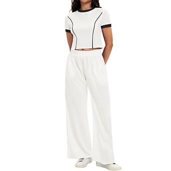 Women's 2 pc Summer Short Sleeve Crew Neck Crop Tops Wide Leg Pants Sweatsuit Sets