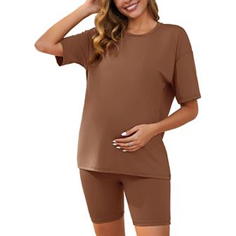 Women Maternity 2 pc Lounge Sports Tie Dye Biker Short Sleeve Top Set