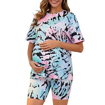 Women Maternity 2 pc Lounge Sports Tie Dye Biker Short Sleeve Top Set