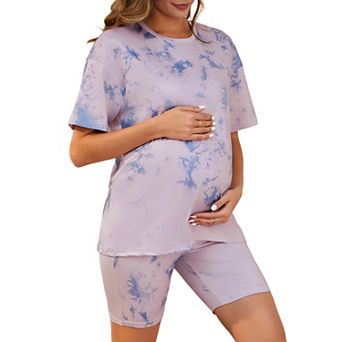 Women Maternity 2 pc Lounge Sports Tie Dye Biker Short Sleeve Top Set
