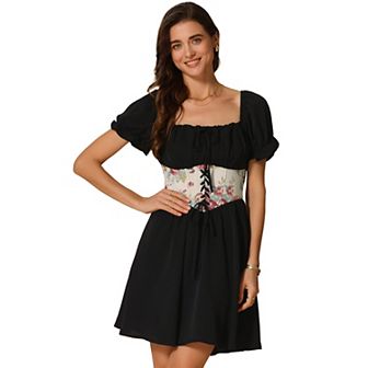 Women's Corset Mini Dress Square Neck Short Sleeve Patchwork Smocked Dresses