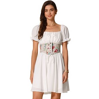 Women's Corset Mini Dress Square Neck Short Sleeve Patchwork Smocked Dresses
