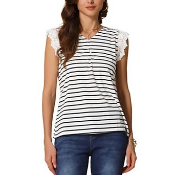 Women's Summer Casual Blouse V Neck Lace Patchwork Striped t Shirt Short Sleeve Top