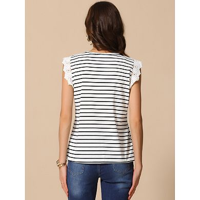 Women's Summer Casual Blouse V Neck Lace Patchwork Striped t Shirt Short Sleeve Top