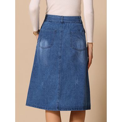 Women's A-Line Midi Skirts Button Front High Waist Jean Denim Skirt