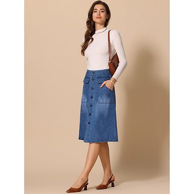 Women's A-Line Midi Skirts Button Front High Waist Jean Denim Skirt