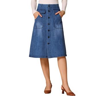 Women's A-Line Midi Skirts Button Front High Waist Jean Denim Skirt