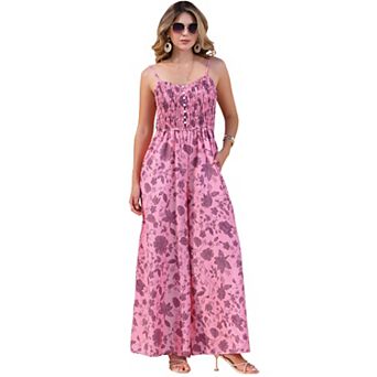 Women's Summer Casual Floral Jumpsuit Sleeveless Smocked Wide Leg Pants Boho Romper Overalls