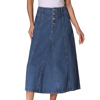 Women's Long Jean Denim Skirts High Waisted Frayed Midi Skirt with Pockets