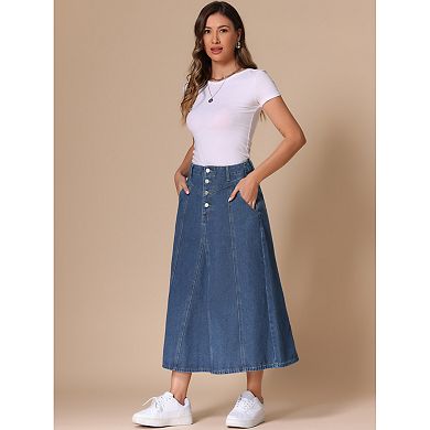 Women's Long Jean Denim Skirts High Waisted Frayed Midi Skirt with Pockets