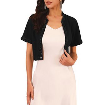Women's Cropped Bolero Sequined Trim Short Sleeves Open Front Formal Blazer