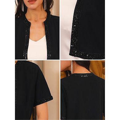 Women's Cropped Bolero Sequined Trim Short Sleeves Open Front Formal Blazer