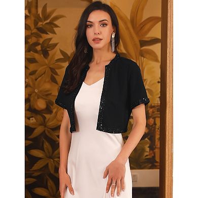 Women's Cropped Bolero Sequined Trim Short Sleeves Open Front Formal Blazer