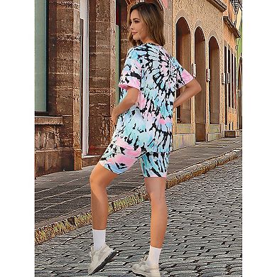 Women Maternity 2 Piece Lounge Sports Tie Dye Biker Short Sleeve Top Set