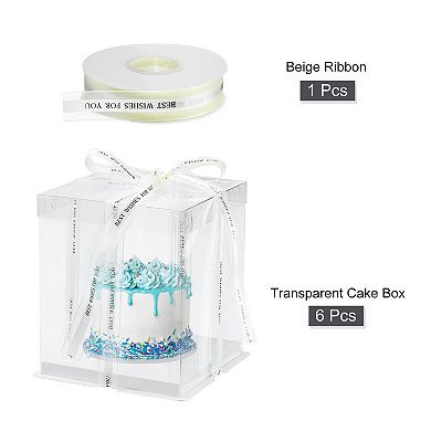 Cake Box, 6Pcs 7"x7"x8" Tall Cake Boxes with Ribbon for 4" Cake Packing Carry for Wedding White