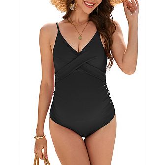 Women Maternity One Piece Swimwear Front Cross Strap V Neck Swimsuit Bathing Suit Casual Bikini