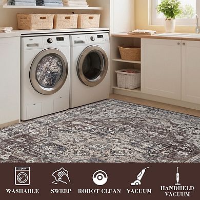Garvee Washable Non Slip Faux Wool Vintage Distressed Floral Printed Area Rug for Home