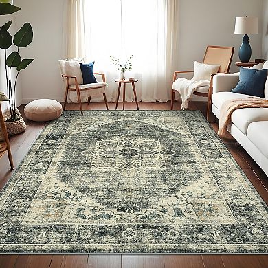 Garvee Faux Wool Vintage Printed Area Rug Ultra Thin Soft Carpet for Living Room Bedroom