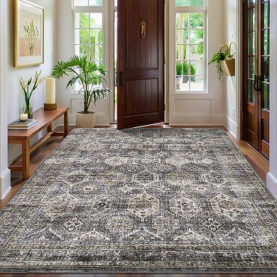 Garvee Faux Wool Machine Washable Vintage Distressed Geometric Printed Indoor Area Rug