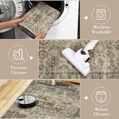 Garvee Faux Wool Machine Washable Vintage Distressed Geometric Printed Indoor Area Rug