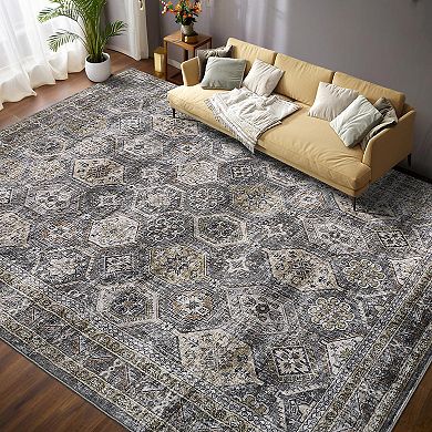 Garvee Faux Wool Machine Washable Vintage Distressed Geometric Printed Indoor Area Rug