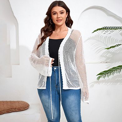 Women's Plus Size Tie Front Crochet Cardigan Hollow Out V Neck Sweater Shrugs Knit Crop Tops