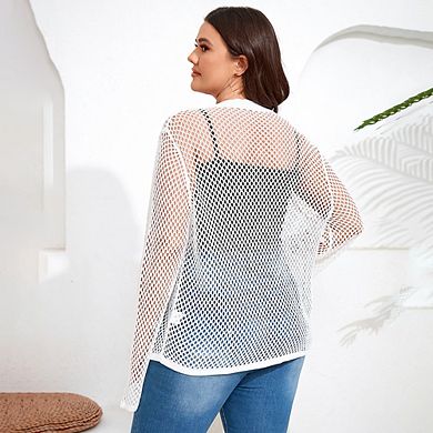 Women's Plus Size Tie Front Crochet Cardigan Hollow Out V Neck Sweater Shrugs Knit Crop Tops