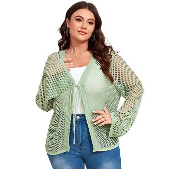 Women's Plus Size Tie Front Crochet Cardigan Hollow Out V Neck Sweater Shrugs Knit Crop Tops