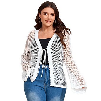 Women's Plus Size Tie Front Crochet Cardigan Hollow Out V Neck Sweater Shrugs Knit Crop Tops