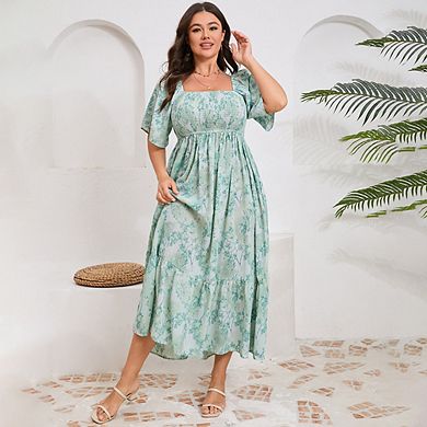 Women's Plus Size Boho Floral Print Shirred Ruffle Hem A Line Long Maxi Dress Square Neck Summer