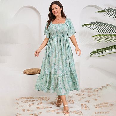 Women's Plus Size Boho Floral Print Shirred Ruffle Hem A Line Long Maxi Dress Square Neck Summer