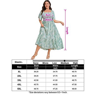 Women's Plus Size Boho Floral Print Shirred Ruffle Hem A Line Long Maxi Dress Square Neck Summer
