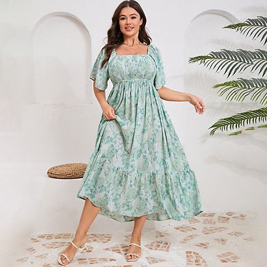 Women's Plus Size Boho Floral Print Shirred Ruffle Hem A Line Long Maxi Dress Square Neck Summer