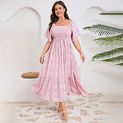 Women's Plus Size Boho Floral Print Shirred Ruffle Hem A Line Long Maxi  Dress Square Neck