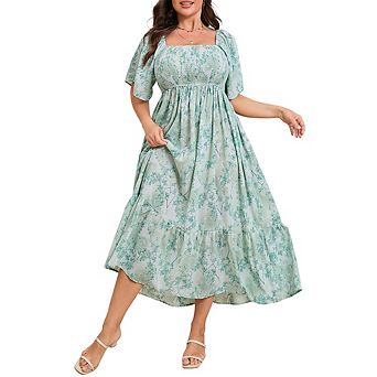 Women's Plus Size Boho Floral Print Shirred Ruffle Hem A Line Long Maxi Dress Square Neck Summer