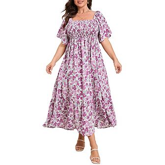 Women's Plus Size Boho Floral Print Shirred Ruffle Hem A Line Long Maxi Dress Square Neck Summer