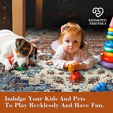 Garvee Faux Wool Vintage Floral Printed Area Rug Machine Washable Non Slip Carpet for Living Room