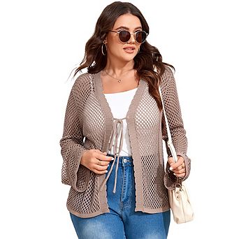Women's Plus Size Tie Front Crochet Cardigan Hollow Out V Neck Sweater Shrugs Knit Crop Tops
