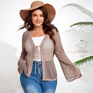 Women's Plus Size Tie Front Crochet Cardigan Hollow Out V Neck Sweater Shrugs Knit Crop Tops
